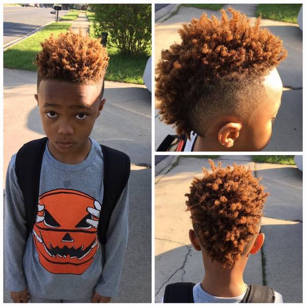Child's tapered natural hairstyle shown from front, side, and back