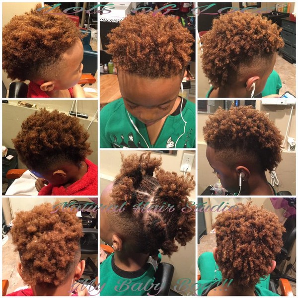 Child's highlighted curly mohawk hairstyle shown from multiple angles