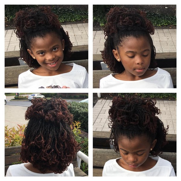 Child's loc updo hairstyle shown from front and back