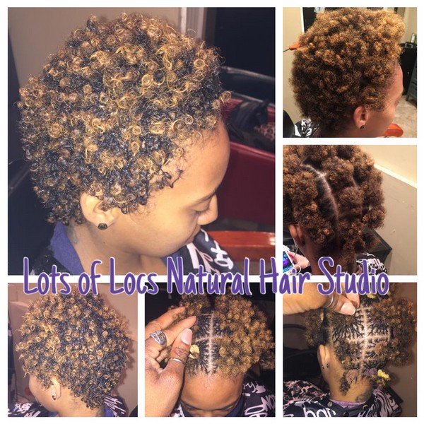 Short highlighted natural curls and styling process collage