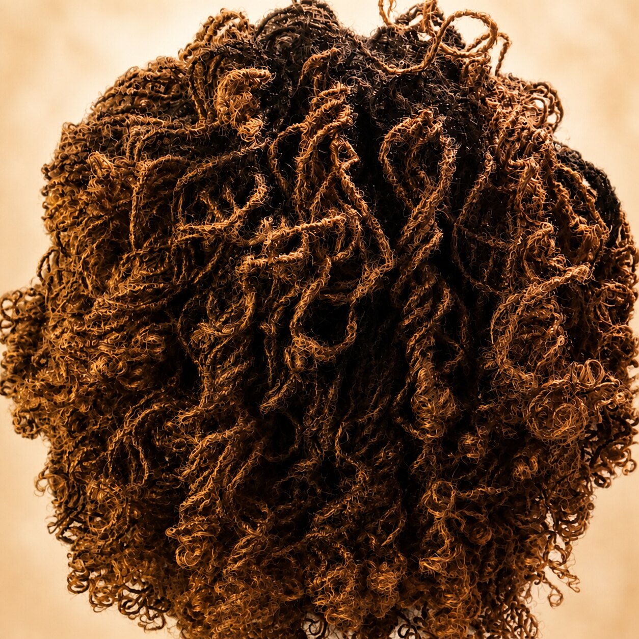 Close-up back view of full, curled Sisterlocks with warm brown highlights against a cream background